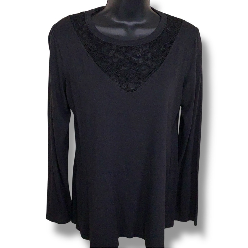 Medium PS Kate Black Long Sleeve Top Lace Neckline Accent Stretch Goth